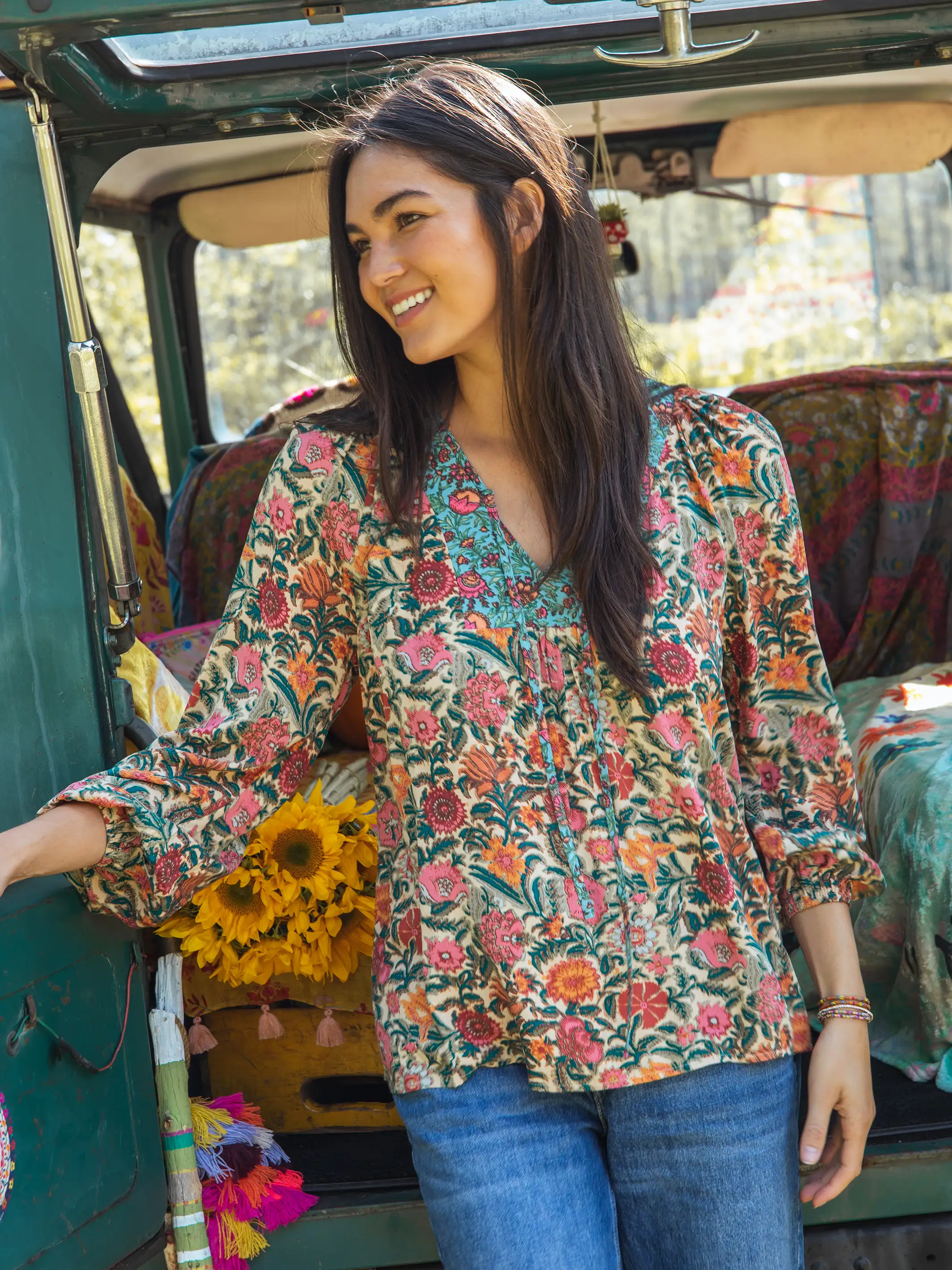 Rowan Top - Turquoise Cream Mixed Floral